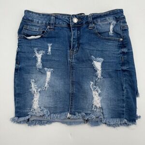 WAX Jean Los‎ Angeles Distressed Denim Mini Skirt Frayed Hem Blue Women's
